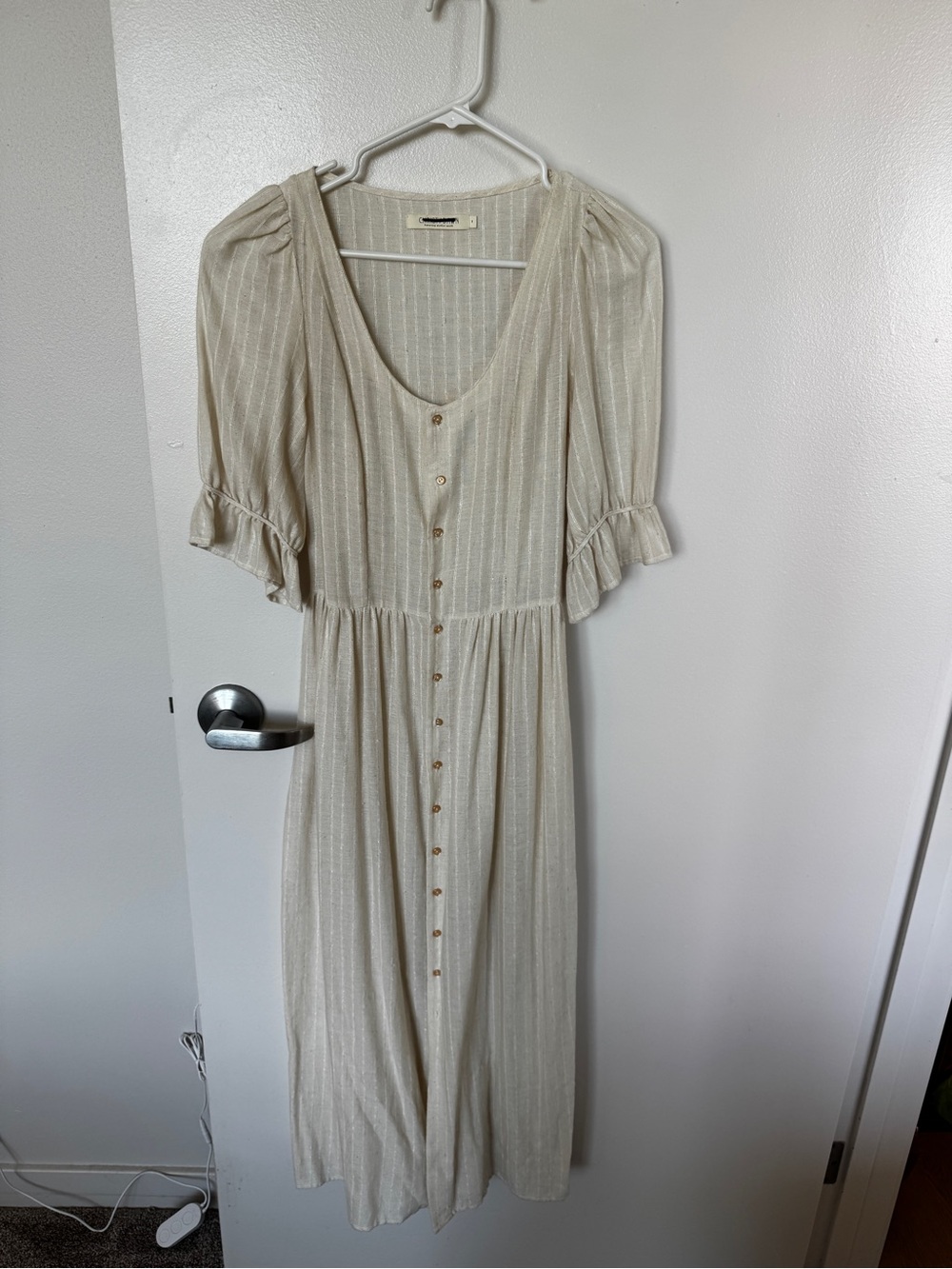 Christy Dawn Lennox Dress Cream Button-Front Midi with Puff Sleeves